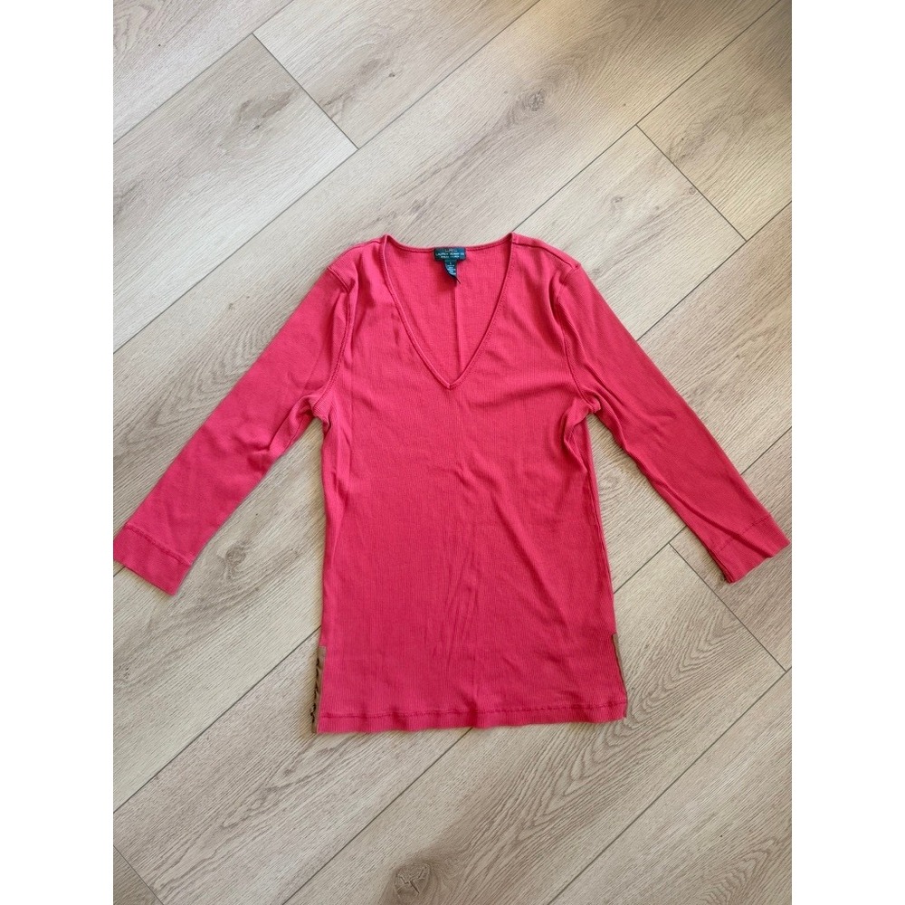 Lauren Jeans Co Ralph Lauren Pink Ribbed V-Neck Top 3/4 Sleeve Lace Up Side L‎